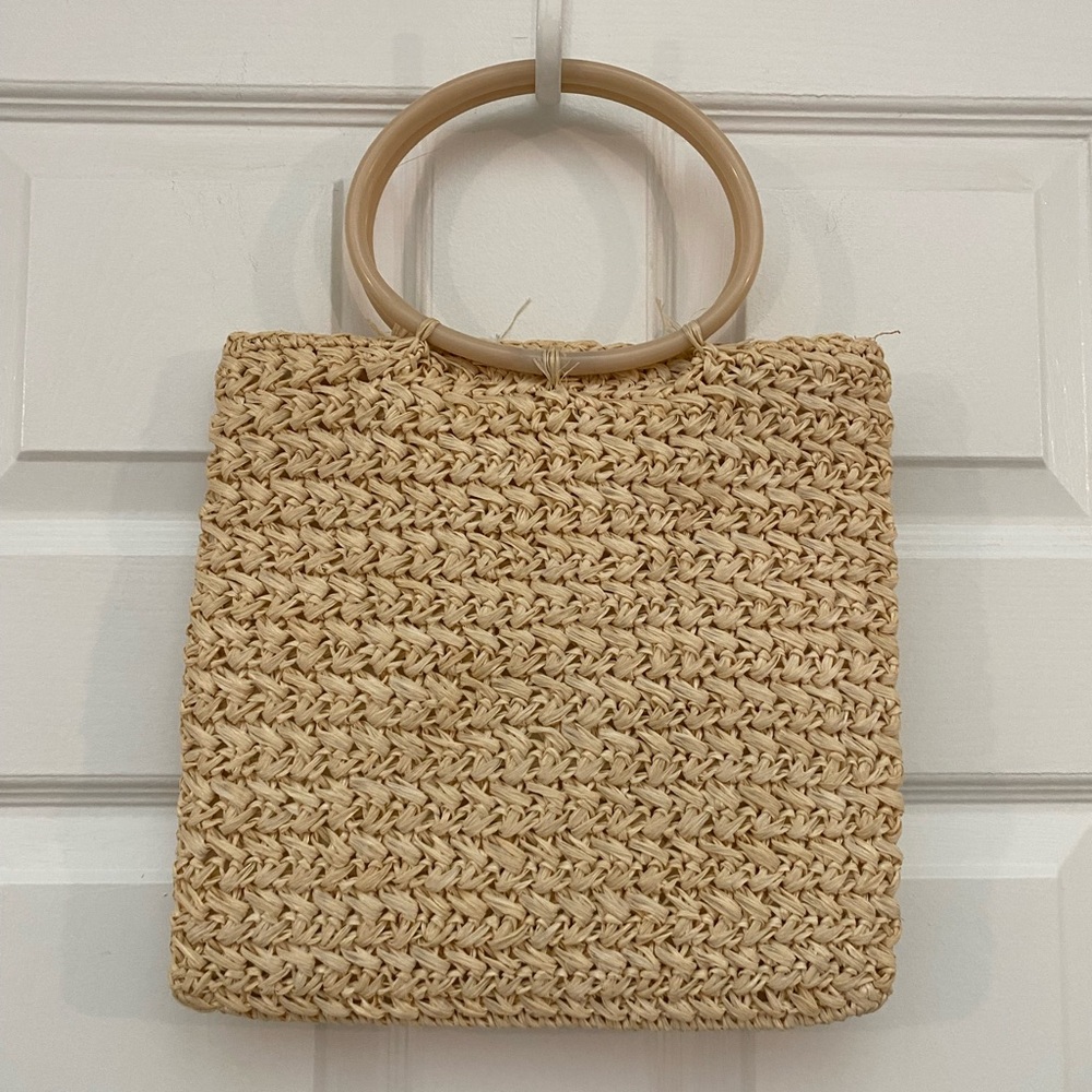 Vintage RARE Marcus Brothers Natural Woven Tote w Round Handles & Zip Top Close